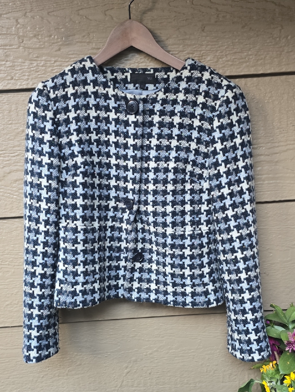 YU Wool Tweed Jacket Size 2 Blue White Houndstooth Textured Crop Blazer